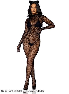 Sexy bodystocking, net, seamless, long sleeves, leopard (pattern)